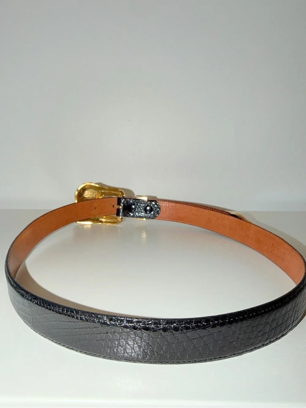 De Sanchez Black Genuine Lizard With Gold-Tone Buckle Belt, Sz 32